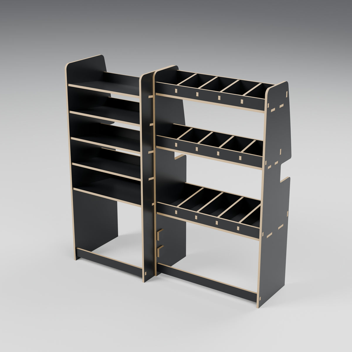 CONTOUR LWB Mixed Rack — Nearside — Black hex phenolic plywood - three-quarter view — Revision D