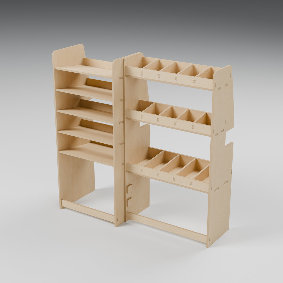 CONTOUR LWB Mixed Rack — Nearside — Natural plywood fixed shelving - three-quarter view — Revision D