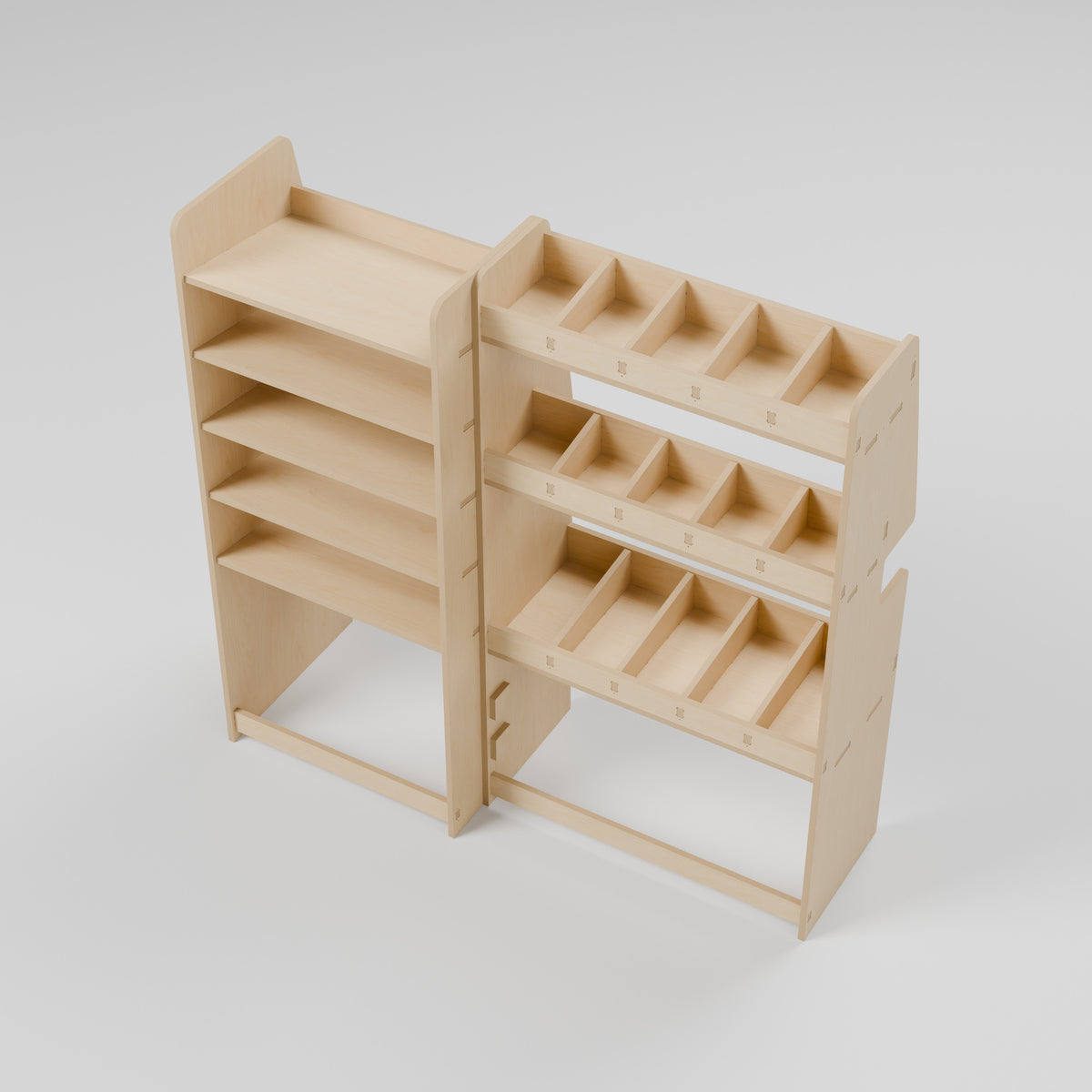 CONTOUR LWB Mixed Rack — Nearside — Elevated view - shelf depths and storage compartments — Revision D
