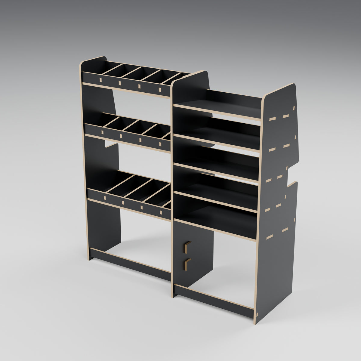 CONTOUR LWB Mixed Rack — Offside — Black hex phenolic plywood - three-quarter view — Revision D