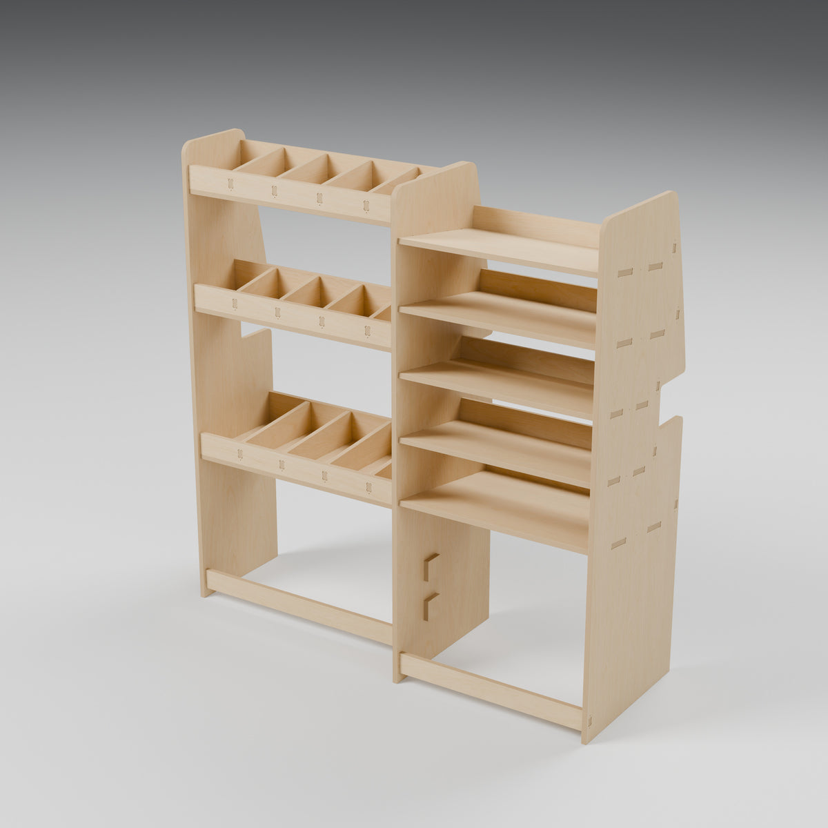 CONTOUR LWB Mixed Rack — Offside — Natural plywood fixed shelving - three-quarter view — Revision D