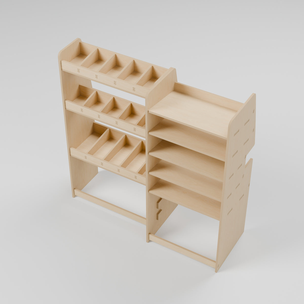 CONTOUR LWB Mixed Rack — Offside — Elevated view - shelf depths and storage compartments — Revision D