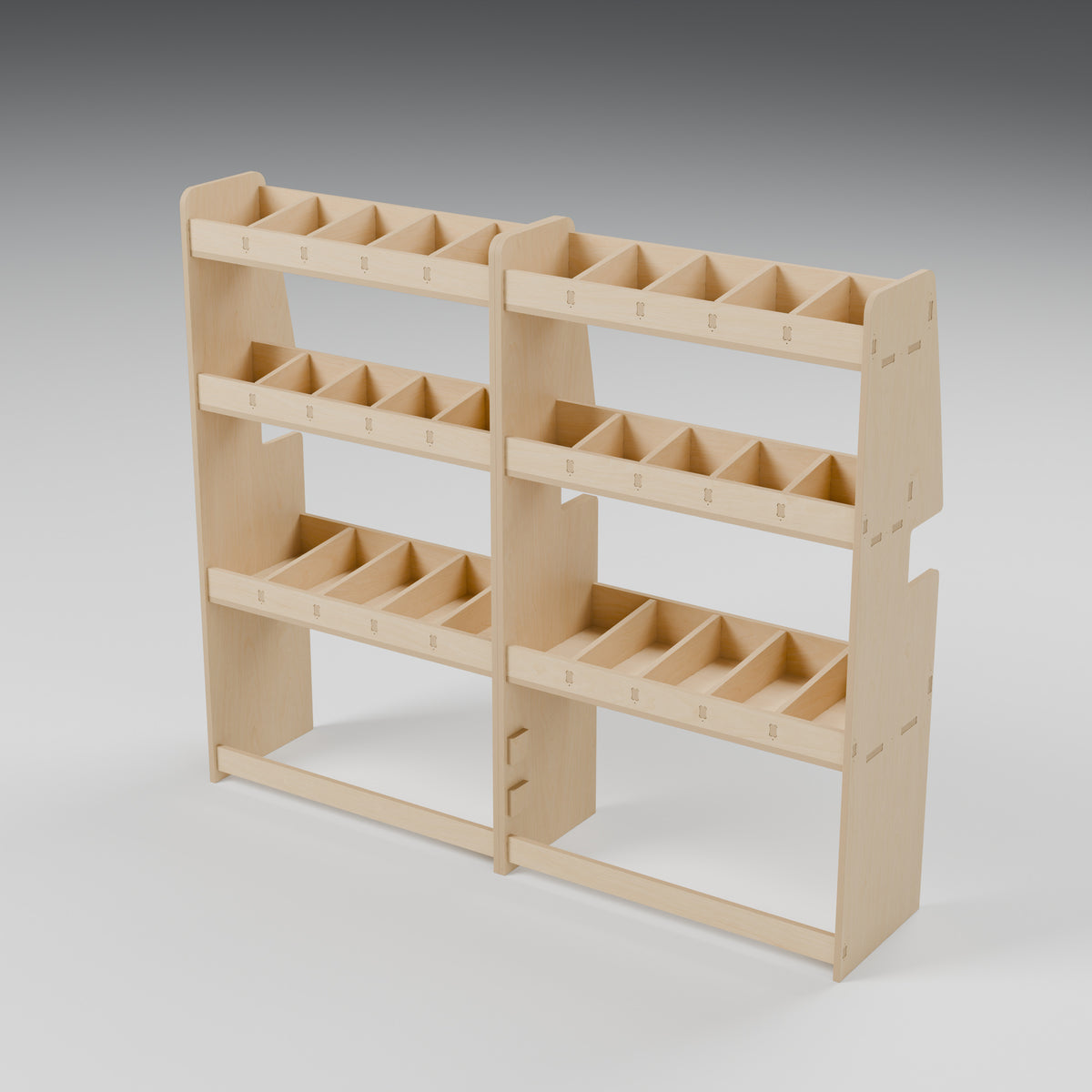 CONTOUR LWB Side Rack — Offside — Natural plywood fixed shelving - three-quarter view — Revision D