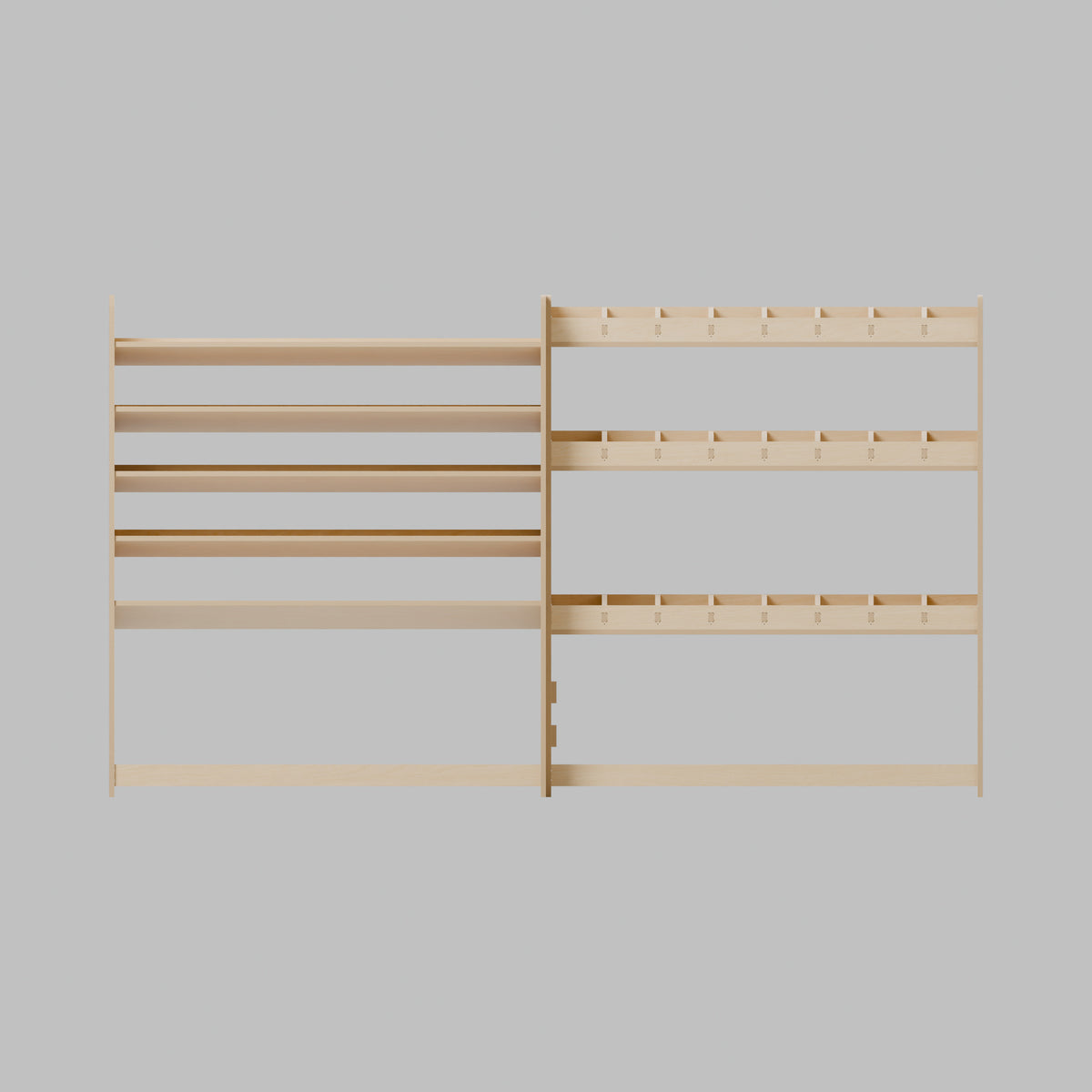 CONTOUR SWB Wide Case + Bin Rack — Offside — Front view - fixed shelves and retaining lips — Revision D