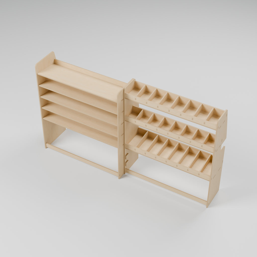CONTOUR SWB Wide Case + Bin Rack — Offside — Elevated view - shelf depths and storage compartments — Revision D