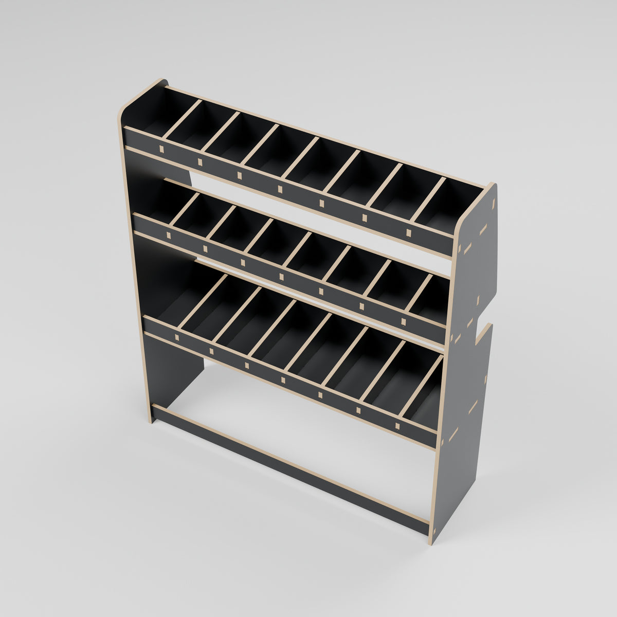 CONTOUR SWB Side Rack — Offside — Elevated view - smooth black shelf floors — Revision D