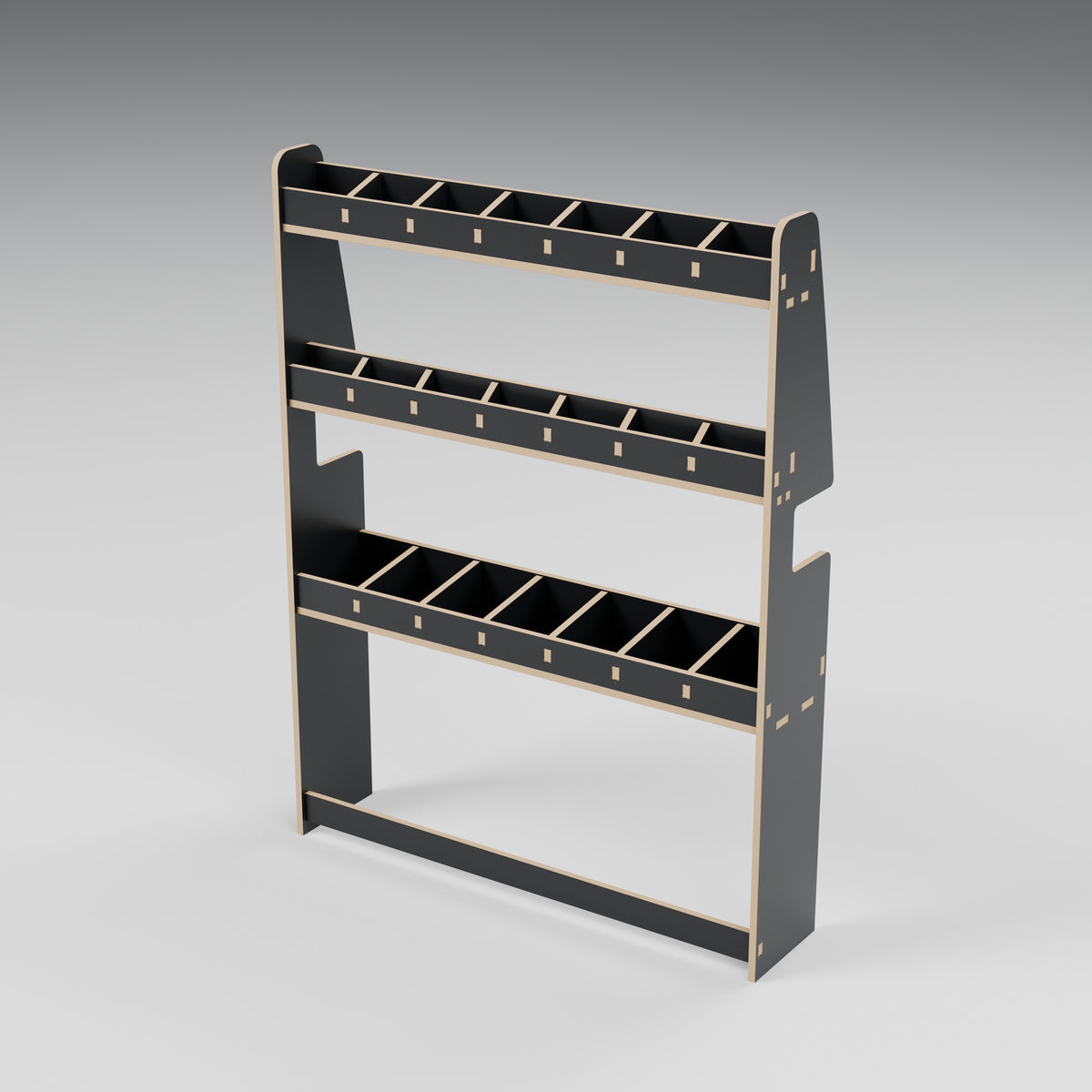 CONTOUR Shallow Side Rack — Nearside — Black hex phenolic plywood - three-quarter view — Revision D