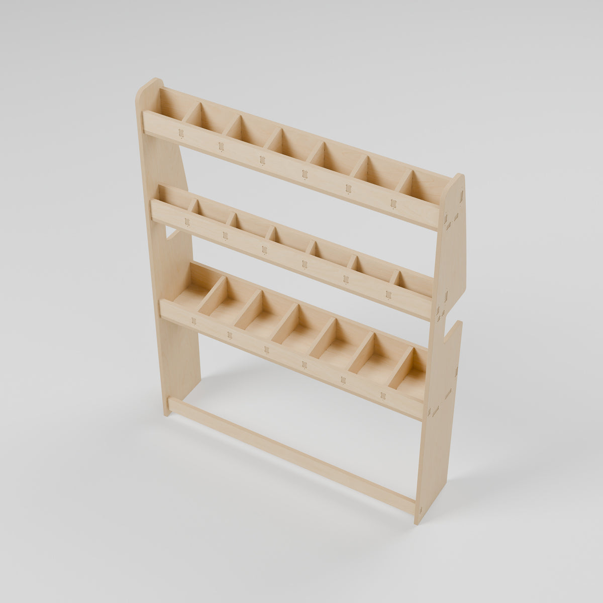 CONTOUR Shallow Side Rack — Nearside — Elevated view - shelf depths and storage compartments — Revision D