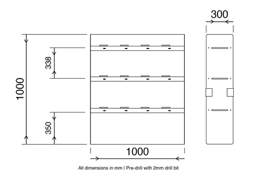 Universal van racking dimension diagram 1000mm wide x 1000mm high x 300mm deep