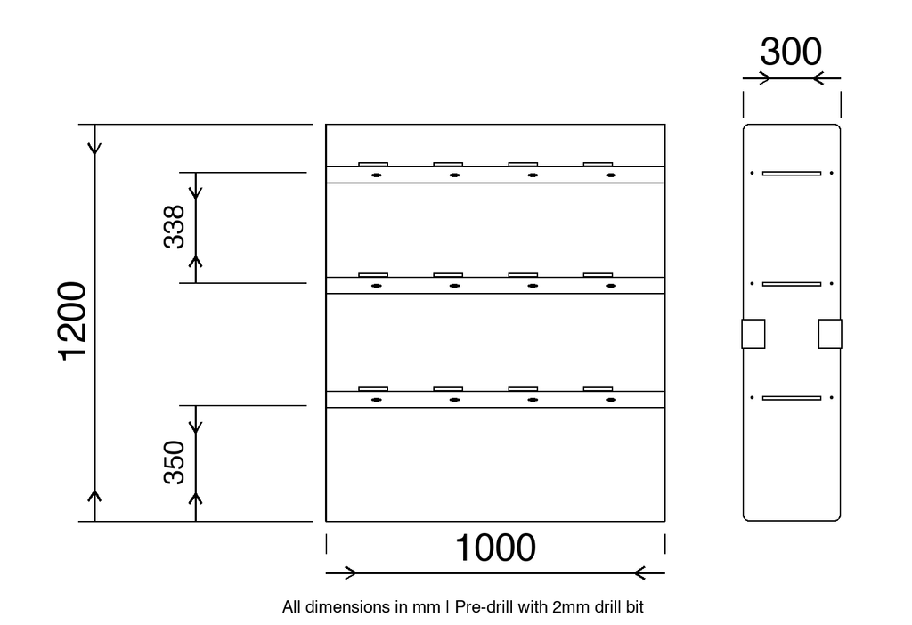 Universal van racking dimension diagram 1000mm wide x 1200mm high x 300mm deep
