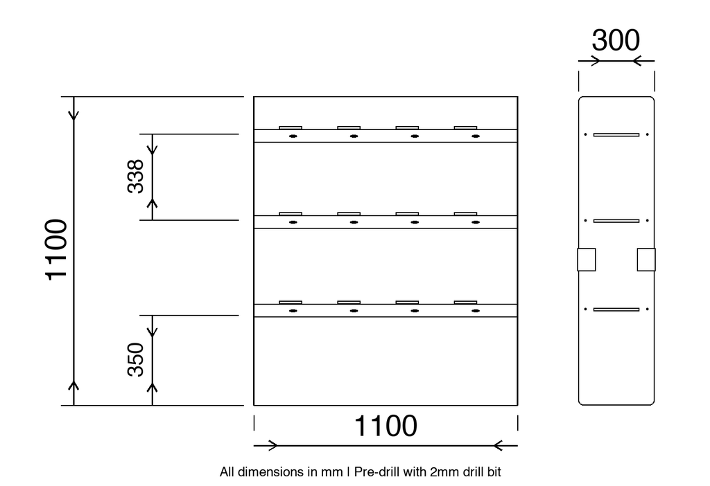 Universal van racking dimension diagram 1100mm wide x 1100mm high x 300mm deep