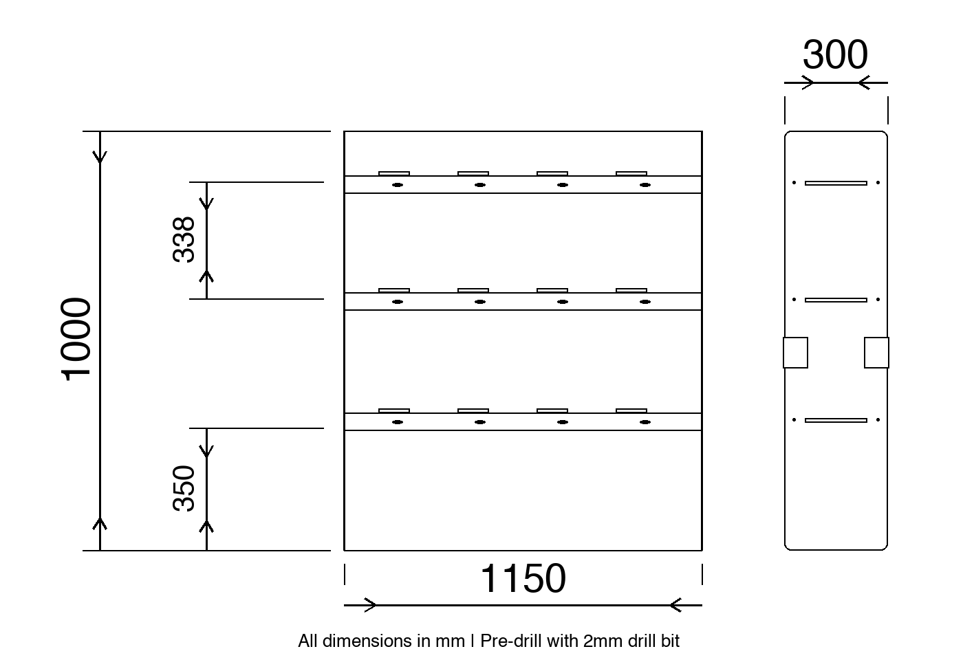 Universal van racking dimension diagram 1150mm wide x 1000mm high x 300mm deep
