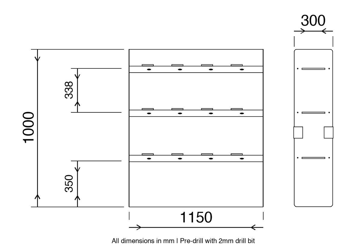 Universal van racking dimension diagram 1150mm wide x 1000mm high x 300mm deep