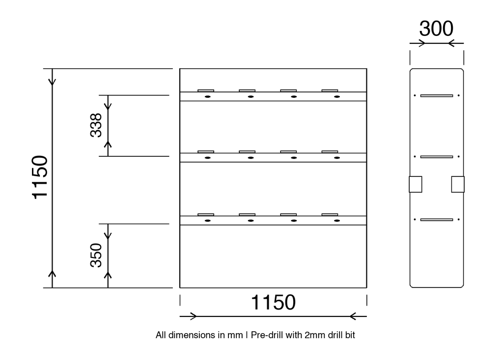Universal van racking dimension diagram 1150mm wide x 1150mm high x 300mm deep